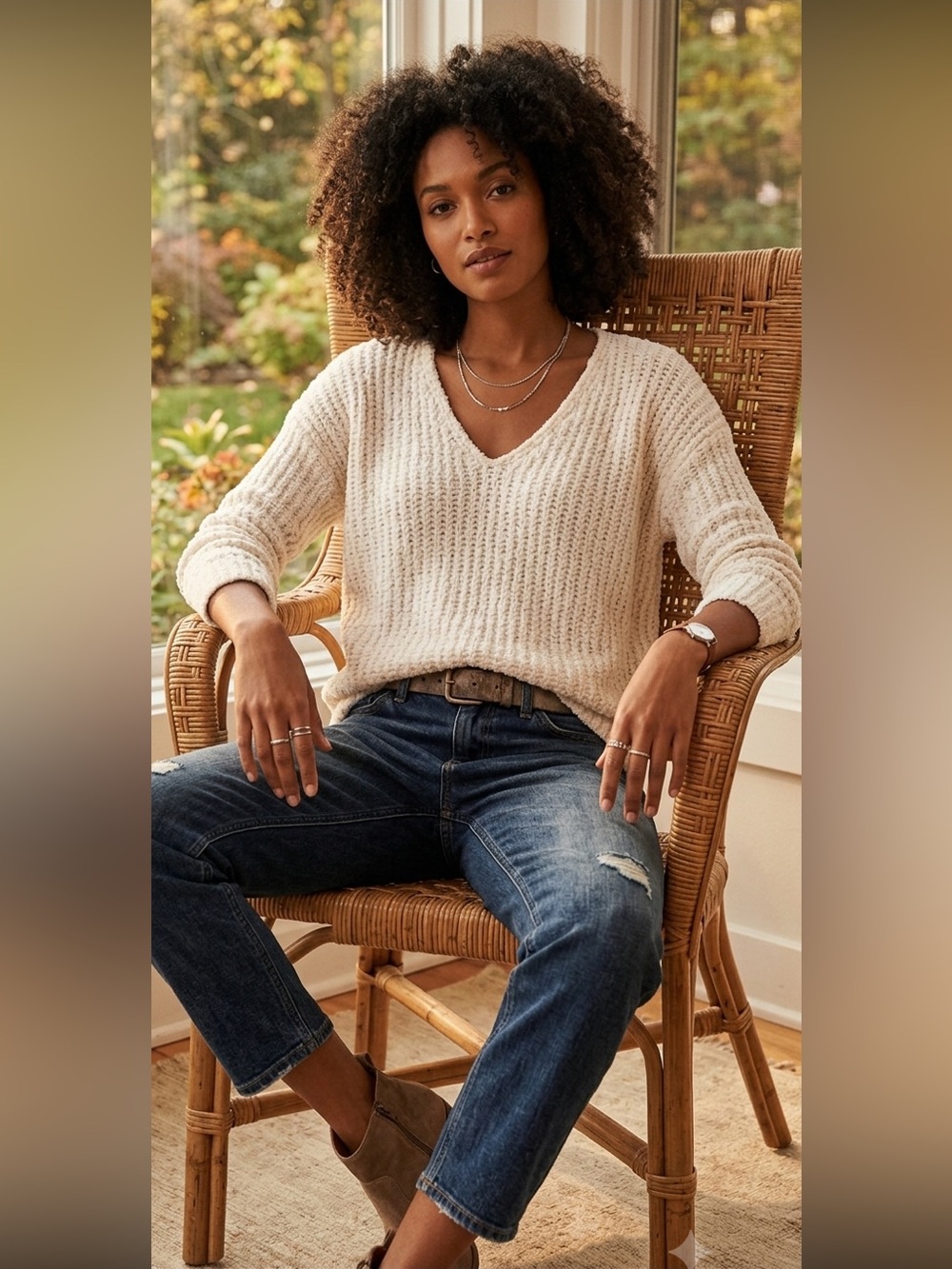 Lucky Brand Cream Chenille V-Neck Sweater Size XS, super soft